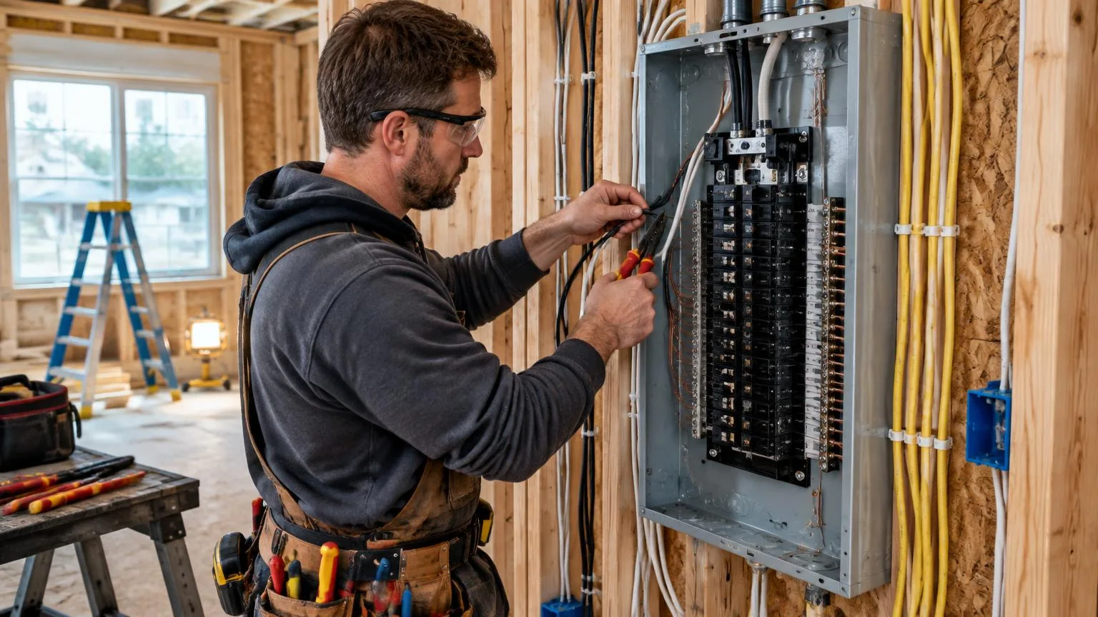 Electrician working on a residential breaker panel during renovation