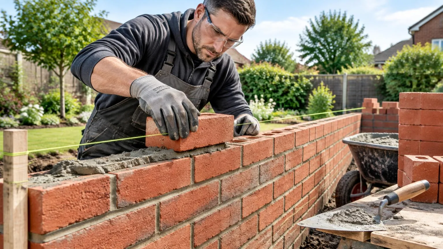 Bricklayer laying red bricks with mortar and a string line