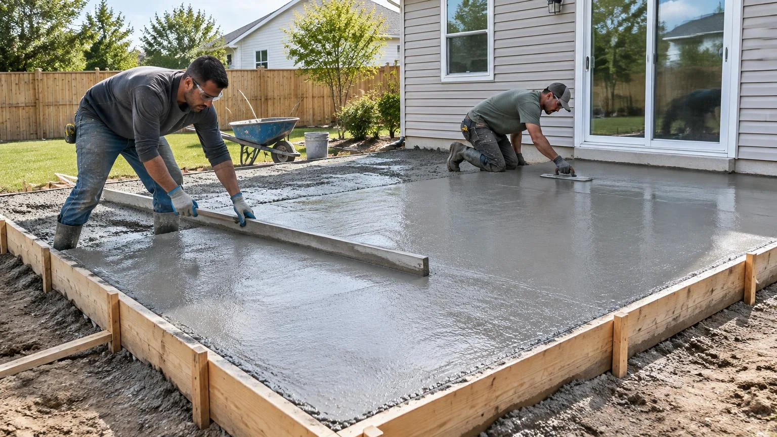 Contractors screeding and smoothing a freshly poured concrete patio slab