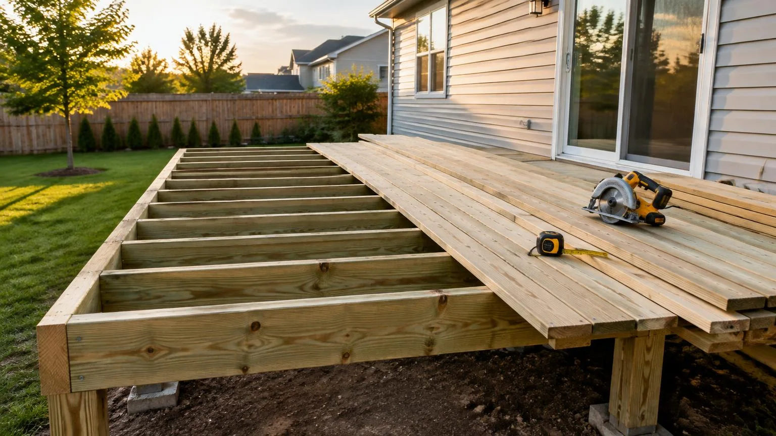 Wooden backyard deck under construction with joists and new decking boards