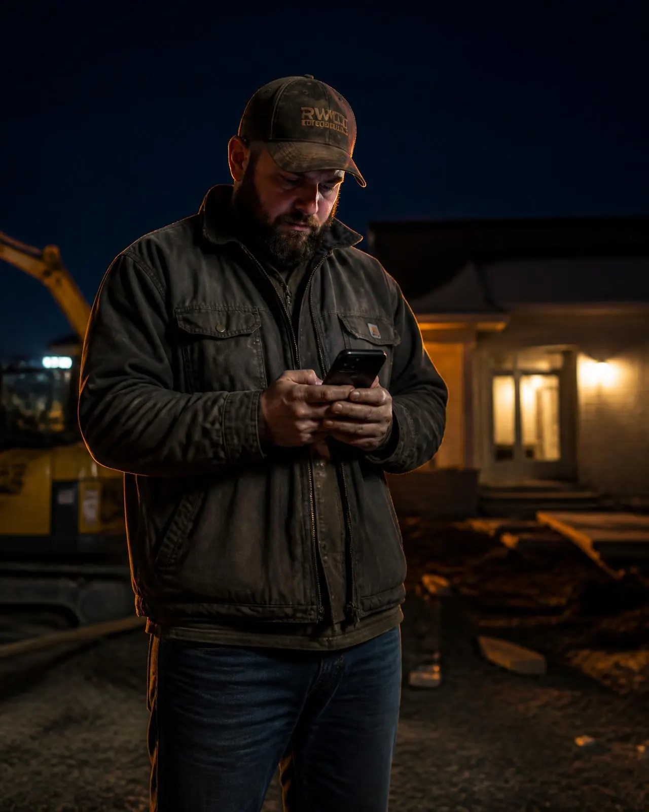 Contractor reviewing a quote on a phone at a job site